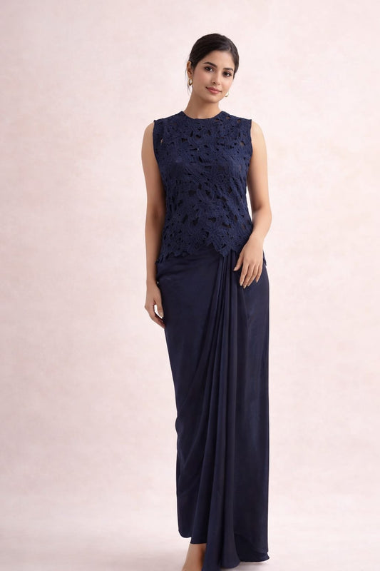 3pc navy blue cordset cutwork top with bustier & drape