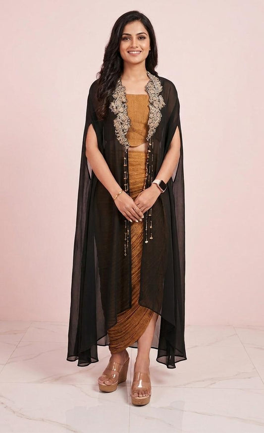 Black cape with crushed tissue skirt & bustier with long hangings on cape