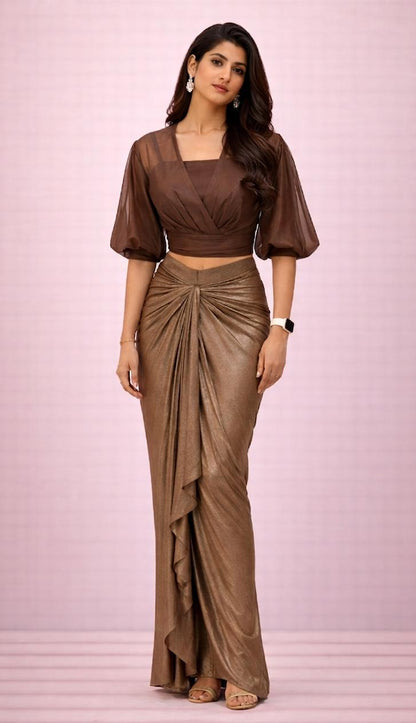 Chocolate Brown sheer organza Balloon sleeves shirt with lycra drape skirt