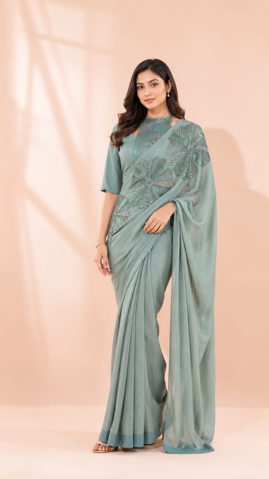 Sage Green Saree with Floral Applique Embroidery and High-Neck Blouse