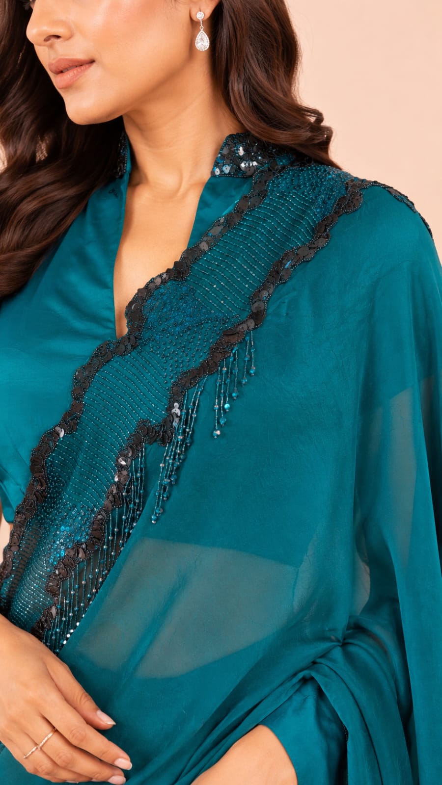 peacock Saree with Embellished Scalloped Border and Collar-Neck Blouse