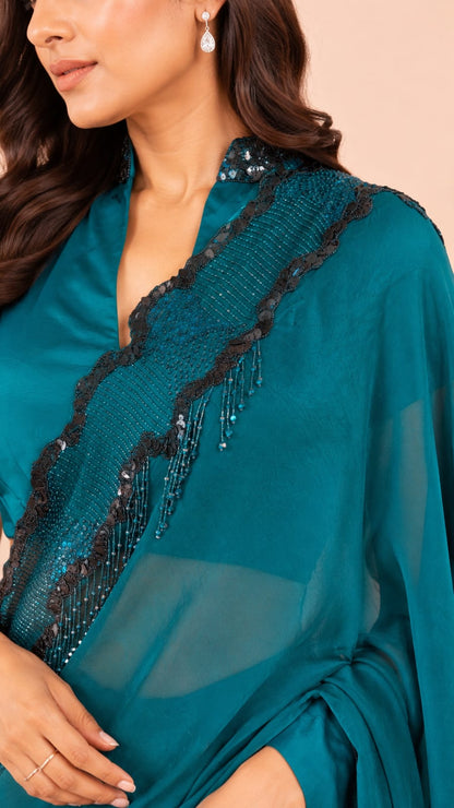 peacock Saree with Embellished Scalloped Border and Collar-Neck Blouse
