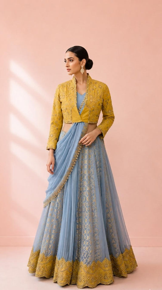 Contemporary Mustard & Dusty Blue Jacket Lehenga