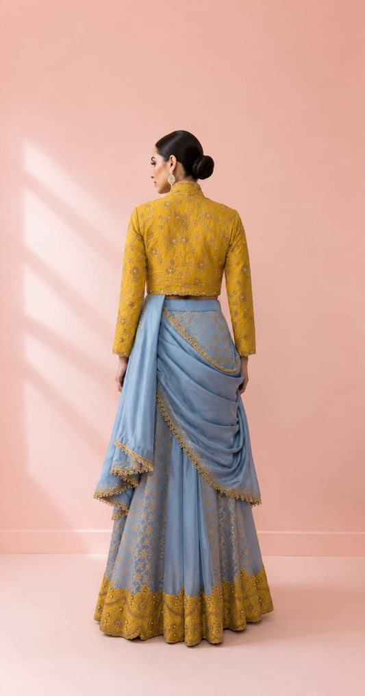 Contemporary Mustard & Dusty Blue Jacket Lehenga