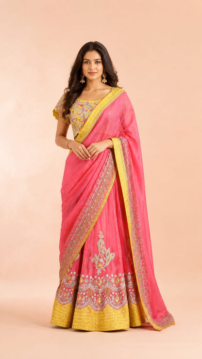 Vibrant Pink & Yellow Lehenga Saree