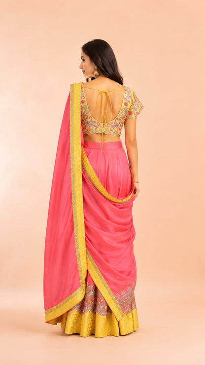 Vibrant Pink & Yellow Lehenga Saree