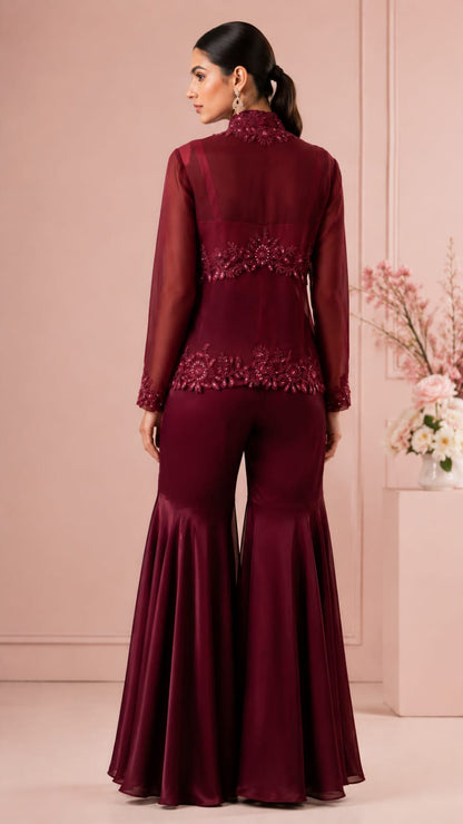 Chic Wine-Red Sharara Co-ord Set with Sheer Jacket