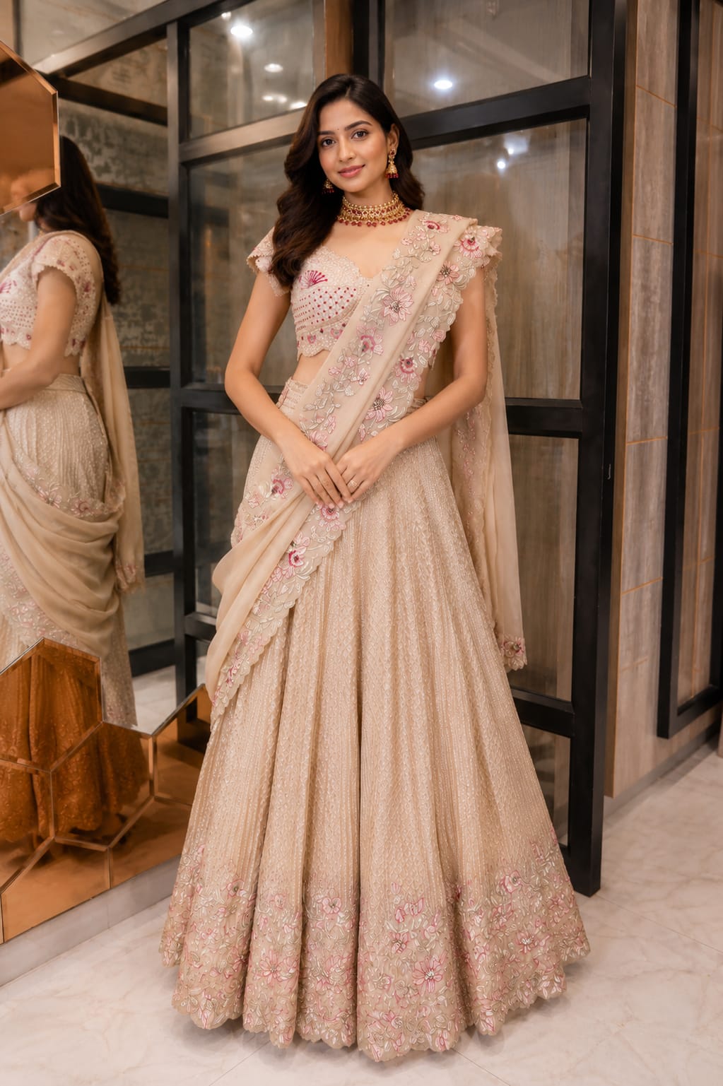 Traditional Ivory & Magenta Embroidered Lehenga  Saree