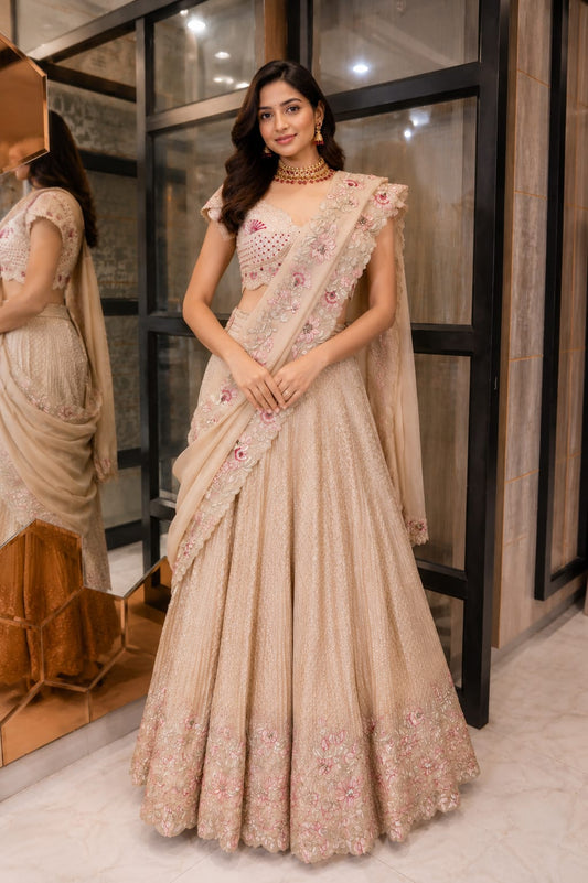 Traditional Ivory & Magenta Embroidered Lehenga  Saree