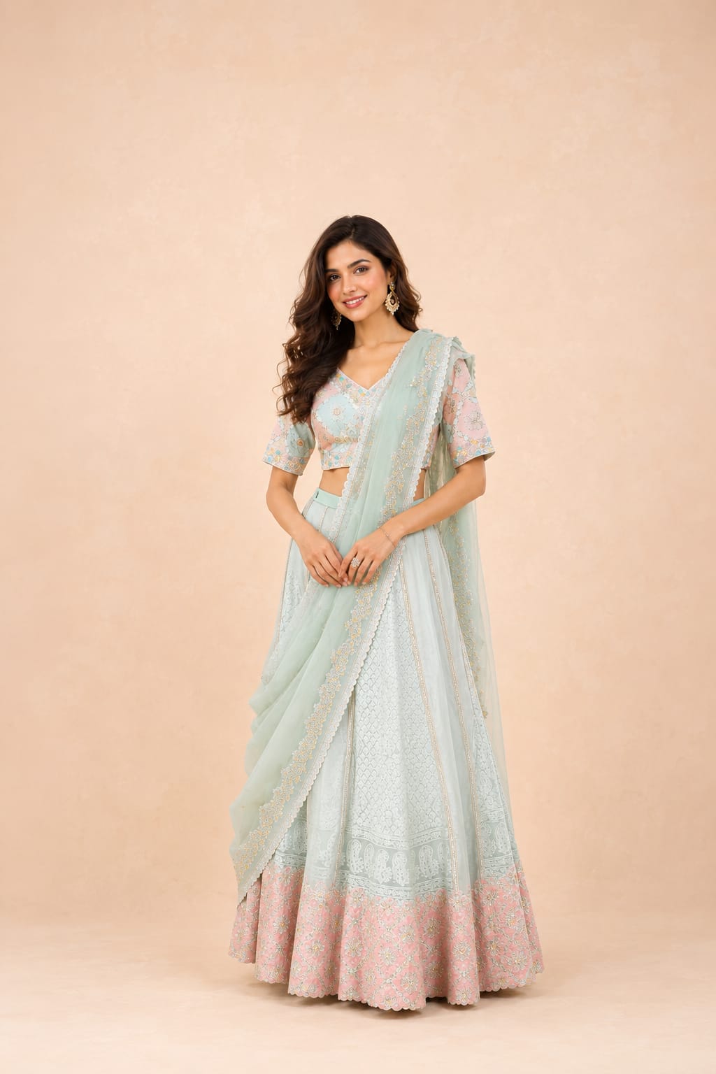 Sea green lehenga saree with heavy hand work