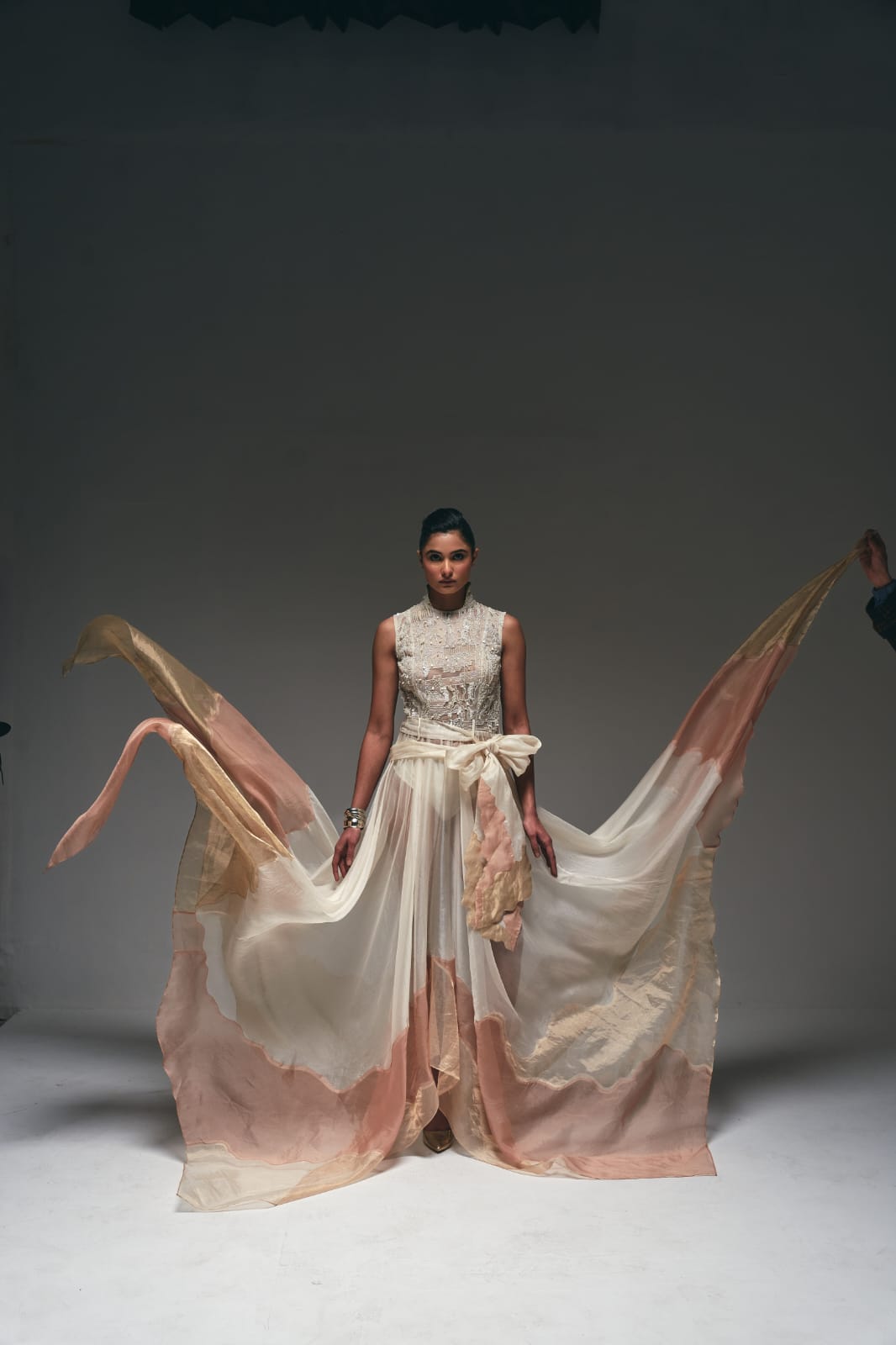 Curtain drape asymmetrical flare gown