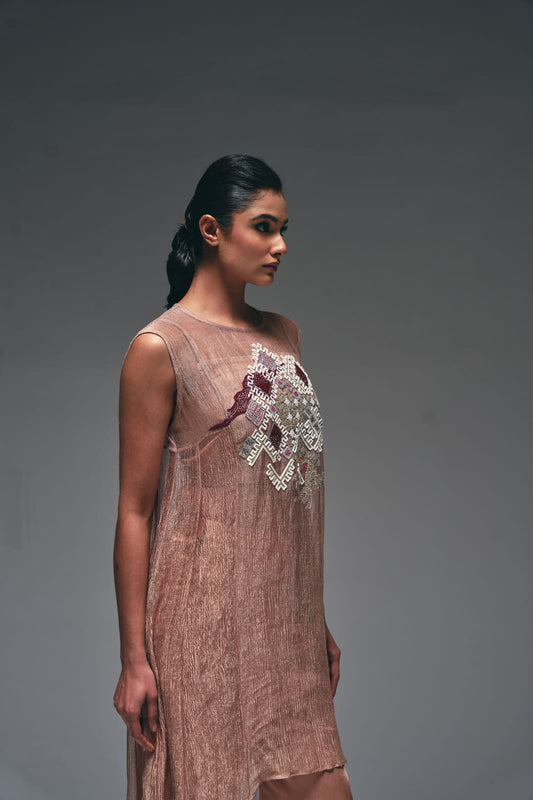 rose-gold crushed tissue suit