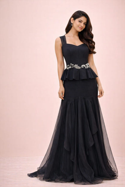 Crepe peplum corset with asymmetrial cut skirt