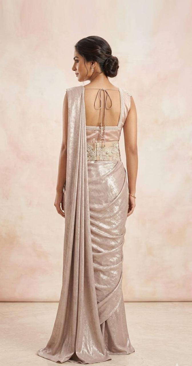 Champagne drape saree with heavy work on blouse and belt