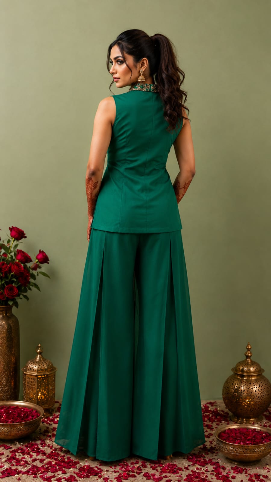 Green jacket with box pleat pallazo