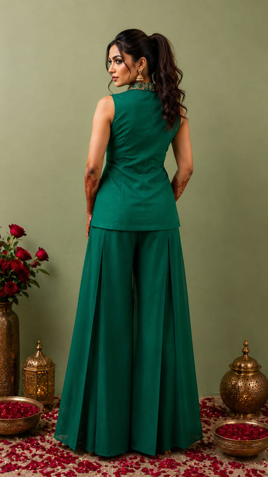 Green jacket with box pleat pallazo