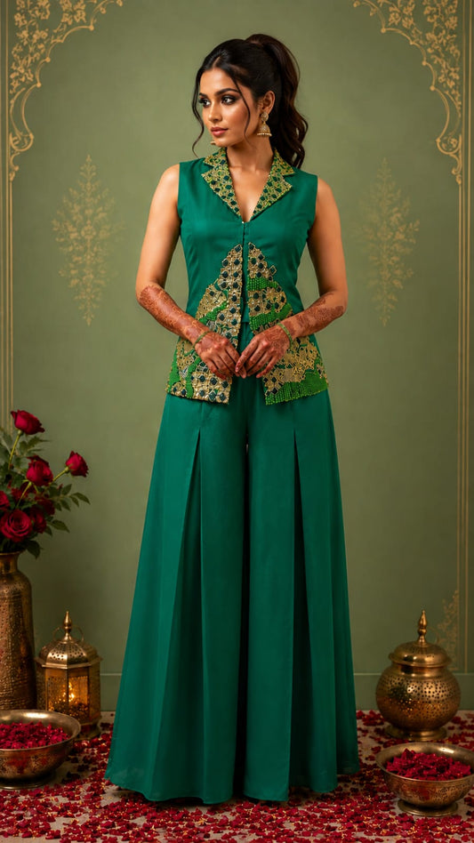 Green jacket with box pleat pallazo