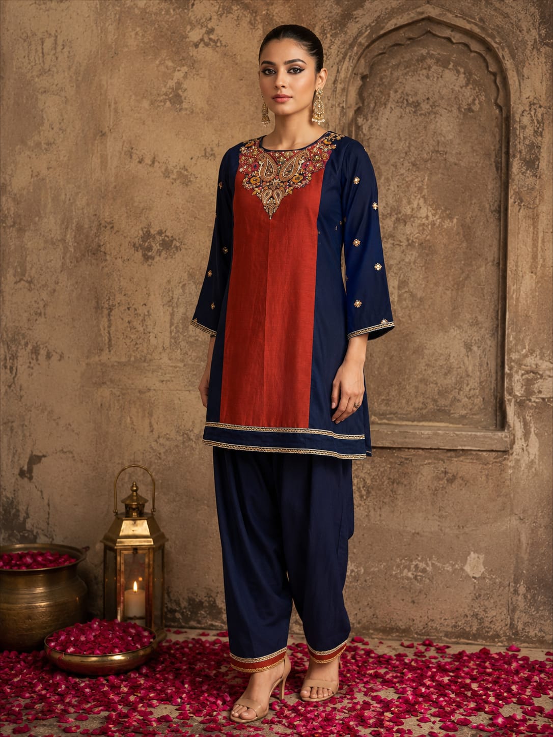 Blue-rust three panel suit with salwar