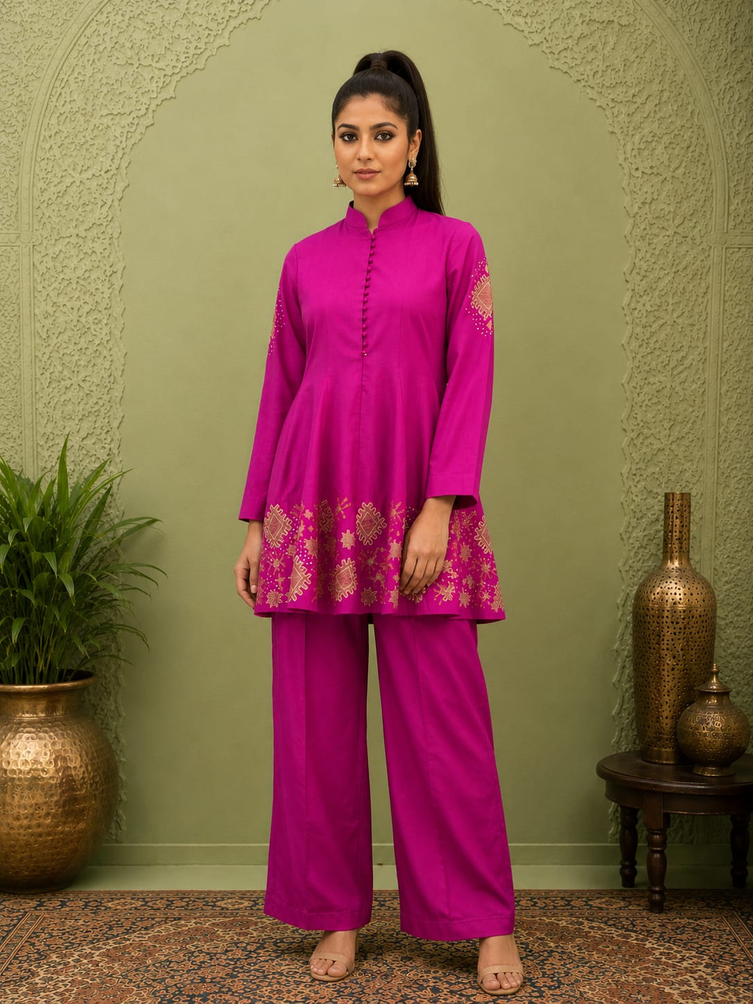 Magenta short flared kurta with wide leg pants