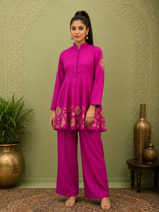 Magenta short flared kurta with wide leg pants