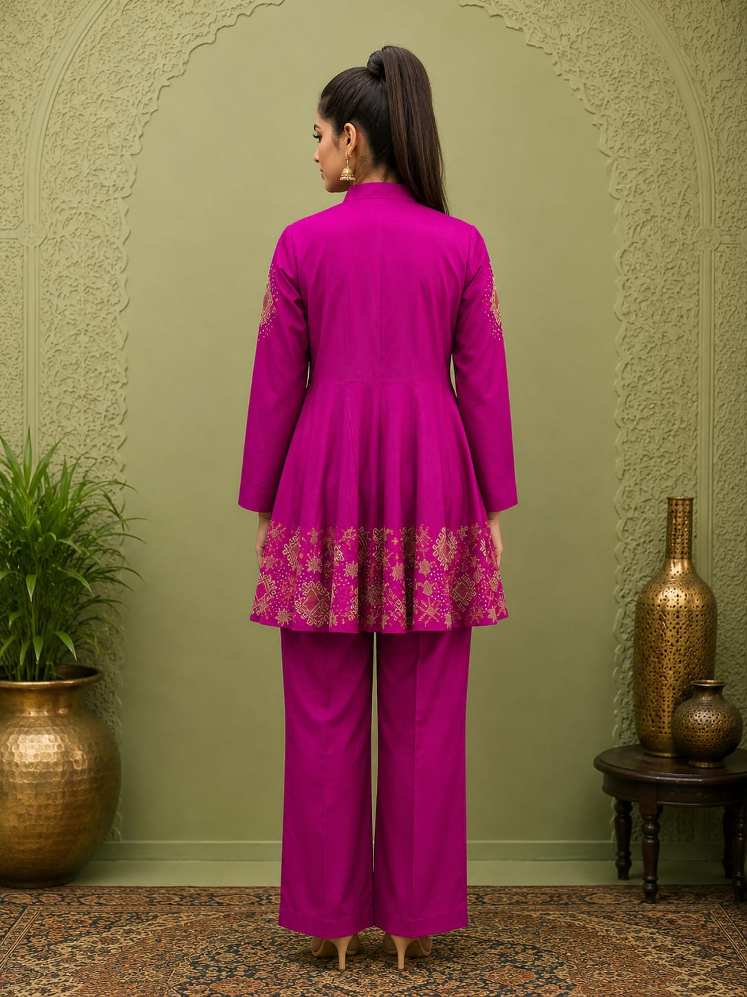 Magenta short flared kurta with wide leg pants