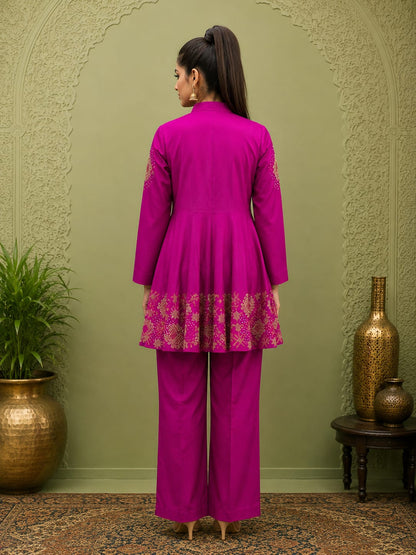 Magenta short flared kurta with wide leg pants