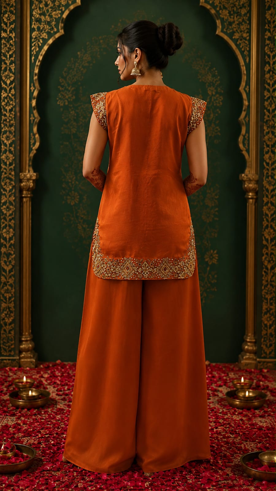 Rust short kurta with sea cut pallazo