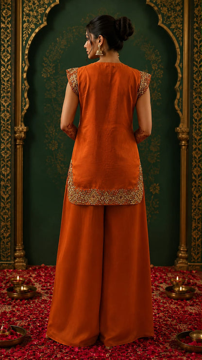 Rust short kurta with sea cut pallazo