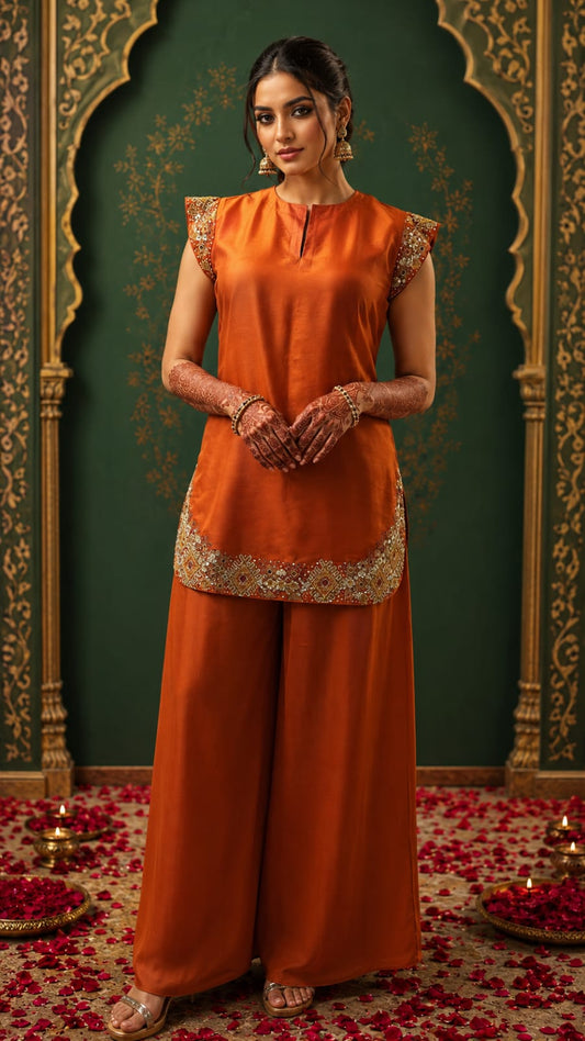 Rust short kurta with C-cut pallazo