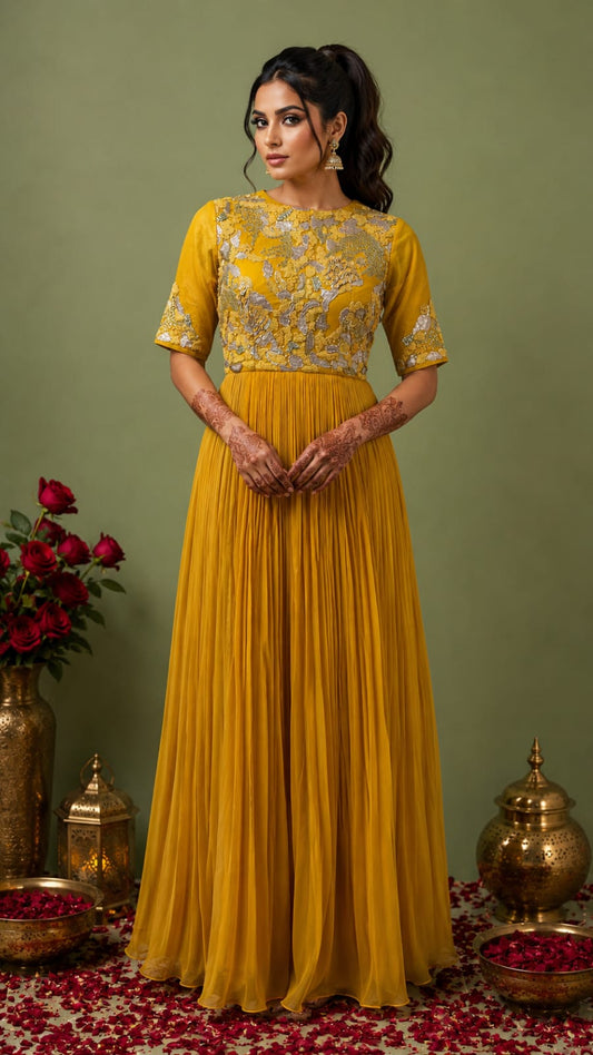 Yellow Embroidered Gathered Anarkali