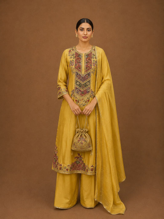 Embroidered Suit With Palazzo & Dupatta