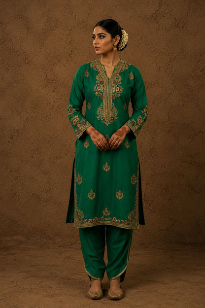 Emrald Green Pure Silk Embroidered Suit with Pants