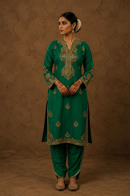 Emrald Green Pure Silk Embroidered Suit with Pants