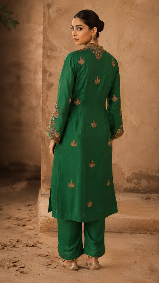 Emrald Green Pure Silk Embroidered Suit with Pants