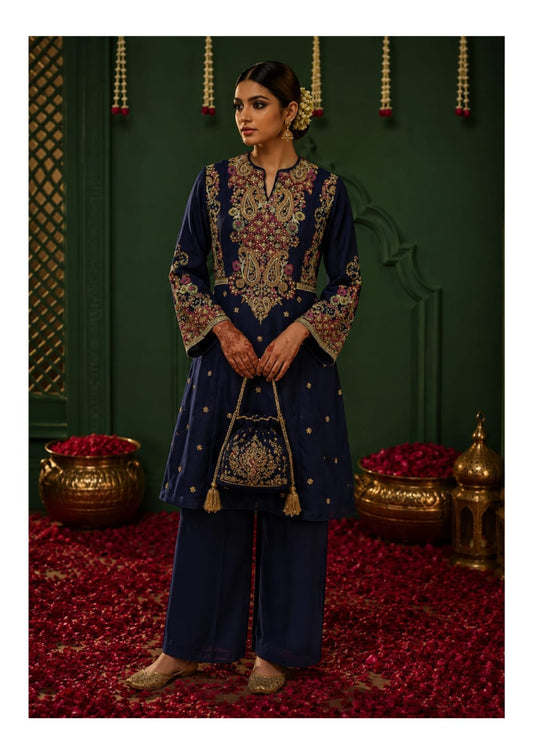 Navy Blue Embroidered suit with pants