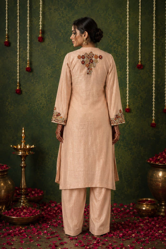 Peach Pink Chanderi Embroidered Asymmetrical Kurta Palazzo Set