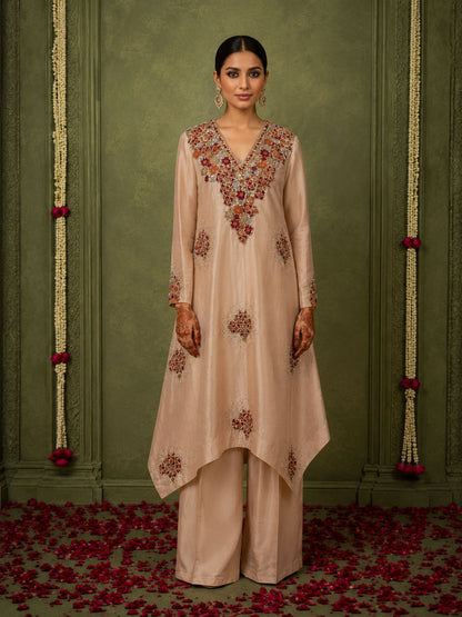 Champagne Beige Mirror Embroidered Asymmetrical Kurta Palazzo Set