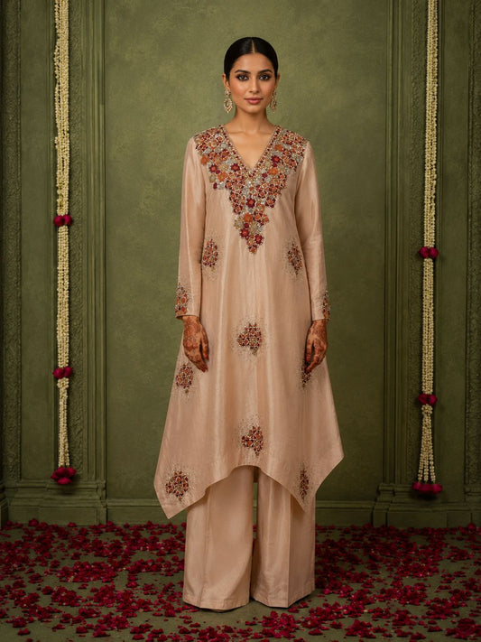 Peach Pink Chanderi Embroidered Asymmetrical Kurta Palazzo Set