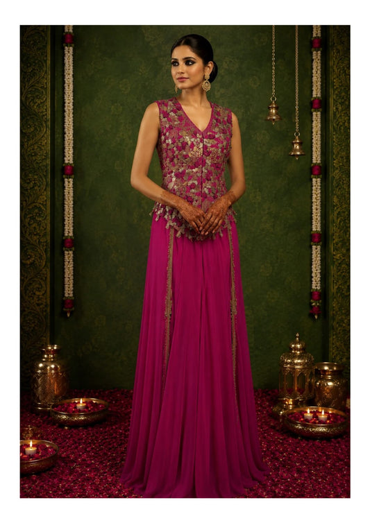 Magenta Embroidered Jacket with Embellised Flared Sharara Set