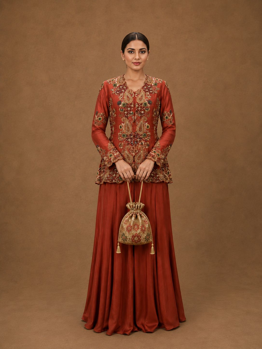 Rust Embroidered Peplum Jacket with Flared Sharara Set