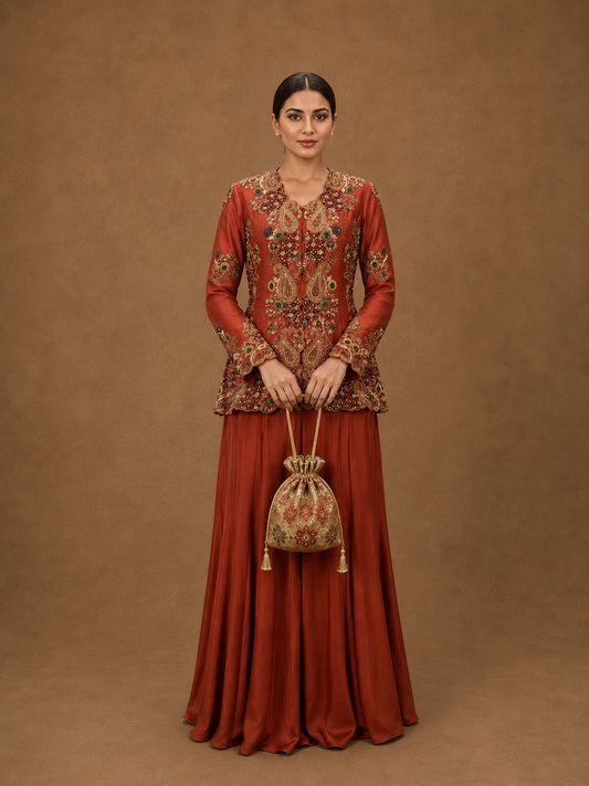 Rust Embroidered Peplum Jacket with Flared Sharara Set