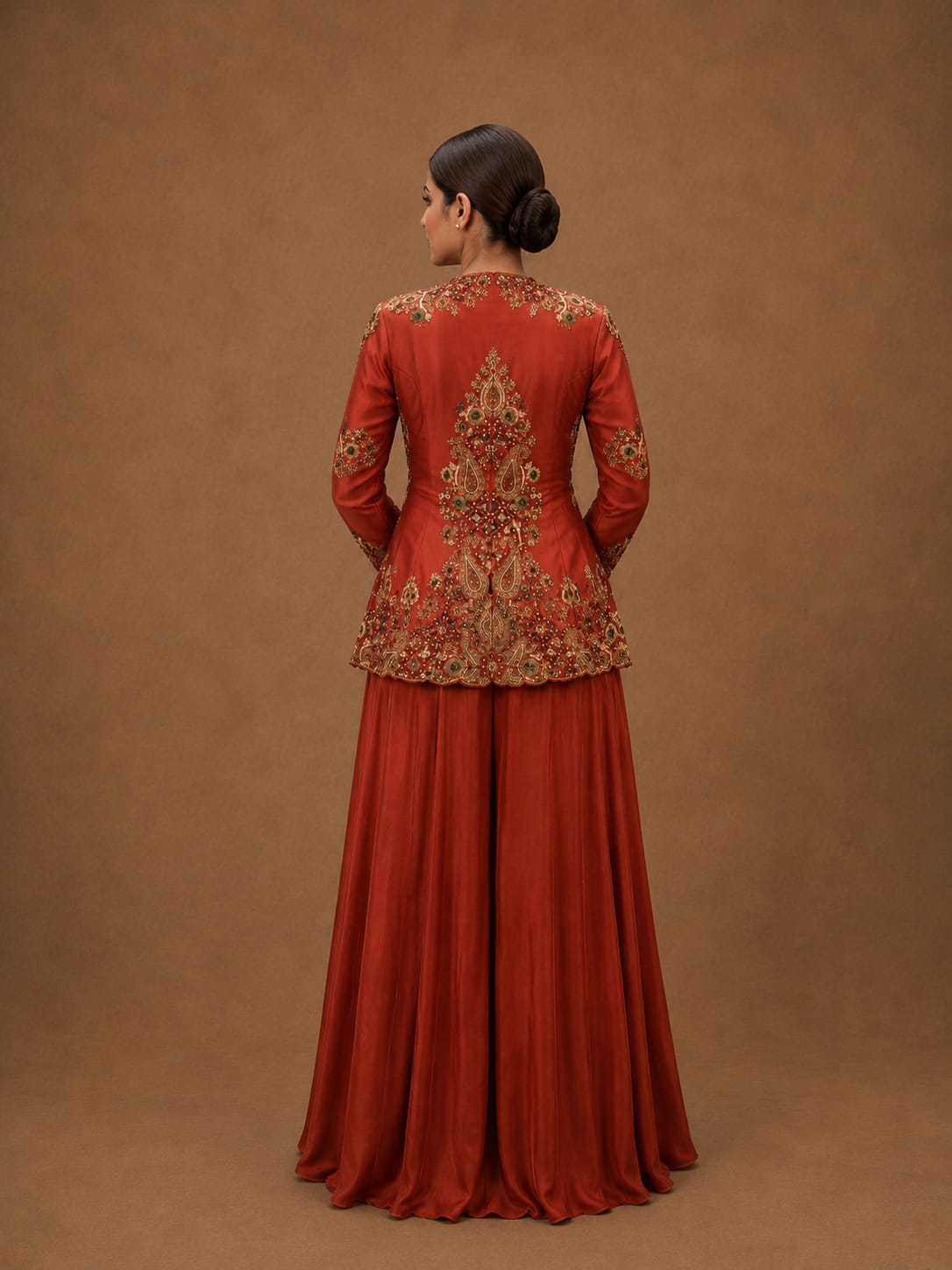 Rust Embroidered Peplum Jacket with Flared Sharara Set