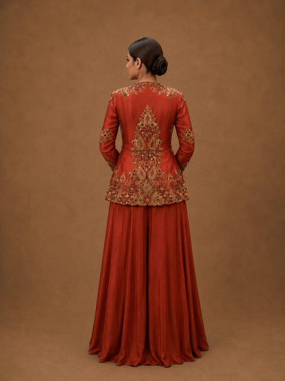Rust Embroidered Peplum Jacket with Flared Sharara Set