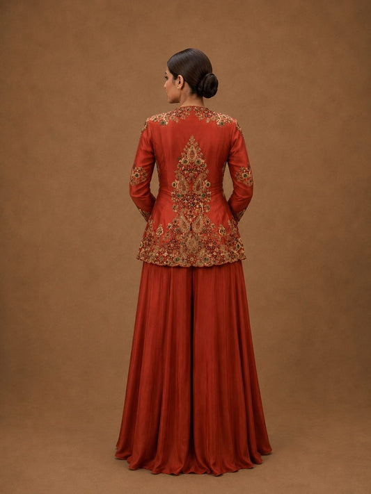 Rust Embroidered Peplum Jacket with Flared Sharara Set