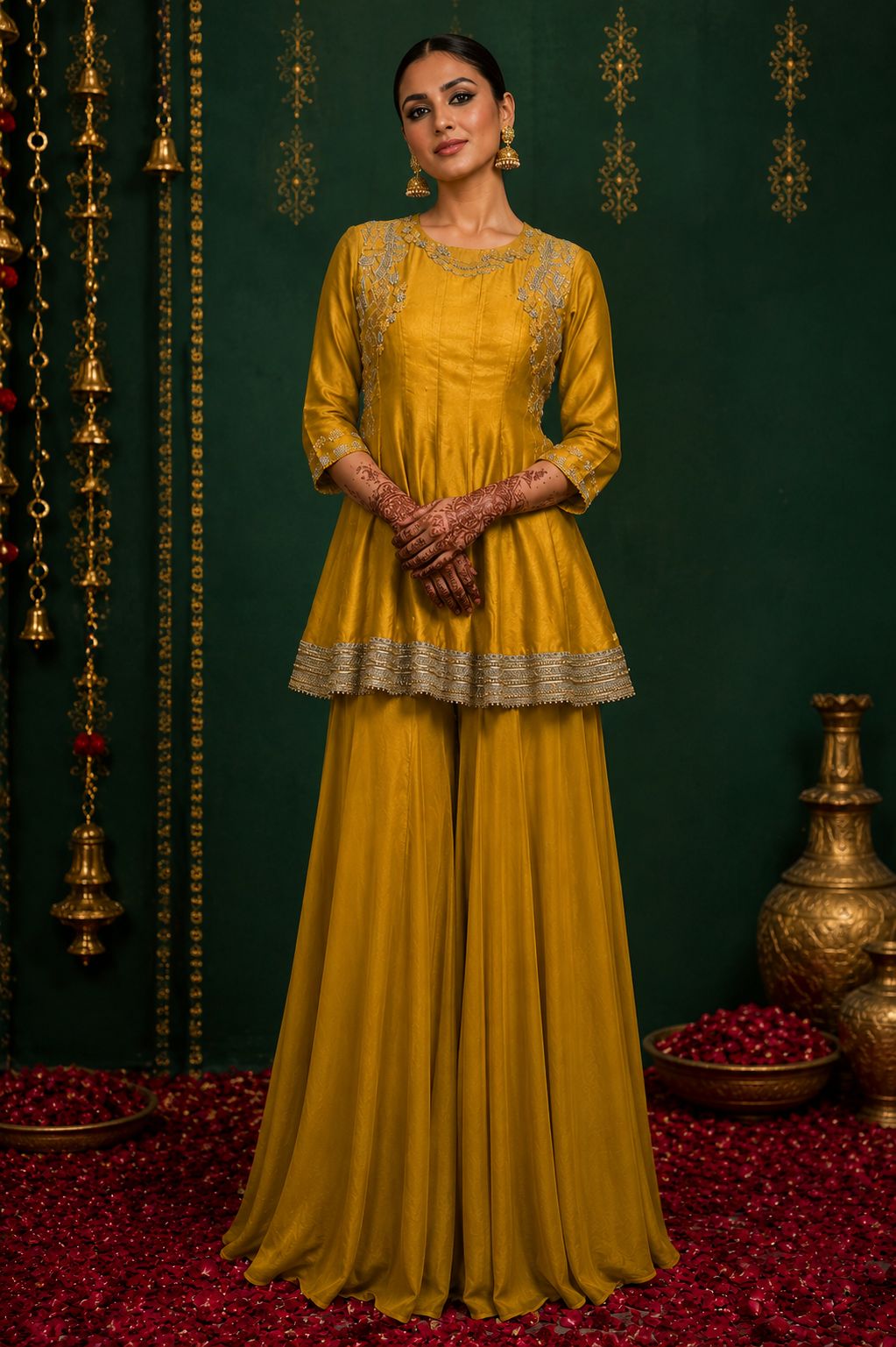 Mustard yellow Kurta with Flared Sharara Set