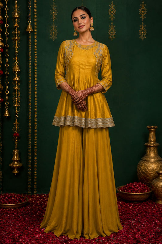 Mustard yellow Kurta with Flared Sharara Set