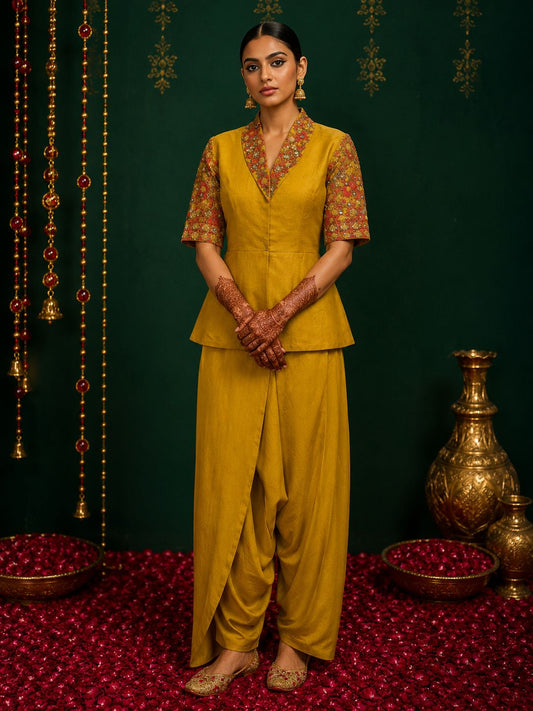 Mustard Peplum Jacket with Draped Dhoti Pants Set