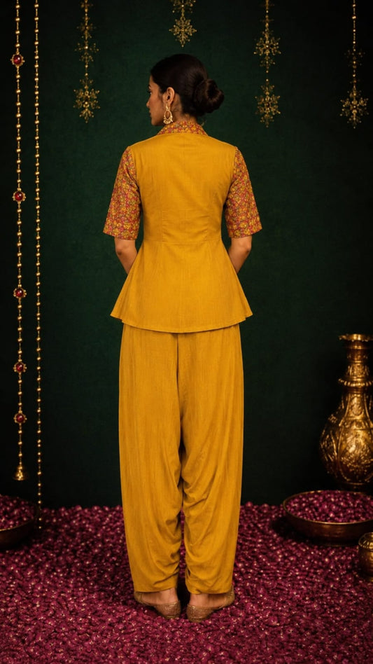 Mustard Peplum Jacket with Draped Dhoti Pants Set