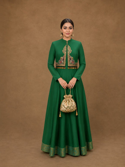 Emerald Green Anarkali with Embroidered Jacket embellished with coins