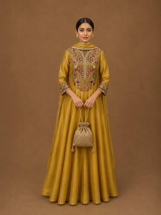 Mustard Yellow Embroidered Anarkali Suit Set with Dupatta